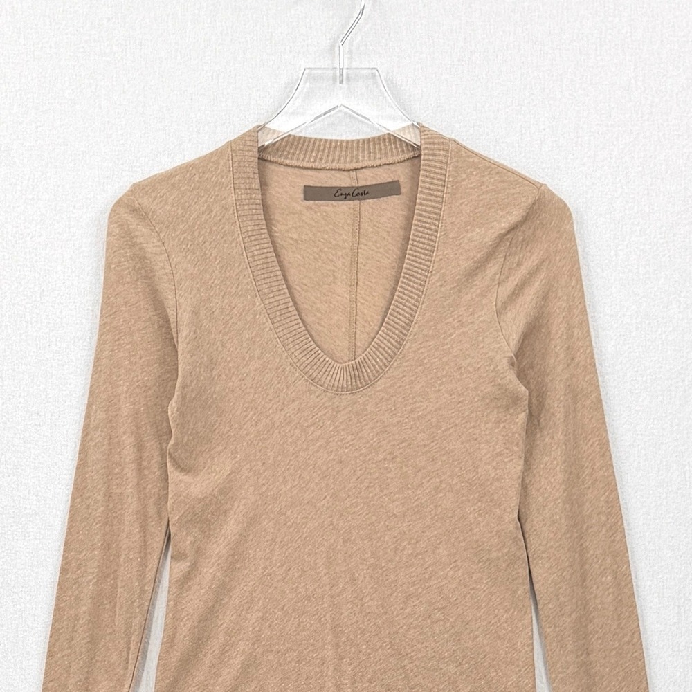 ENZA COSTA Cashmere Easy Cuffed U Top Womens Small Khaki Long Sleeve Tee Shirt - Picture 6 of 13